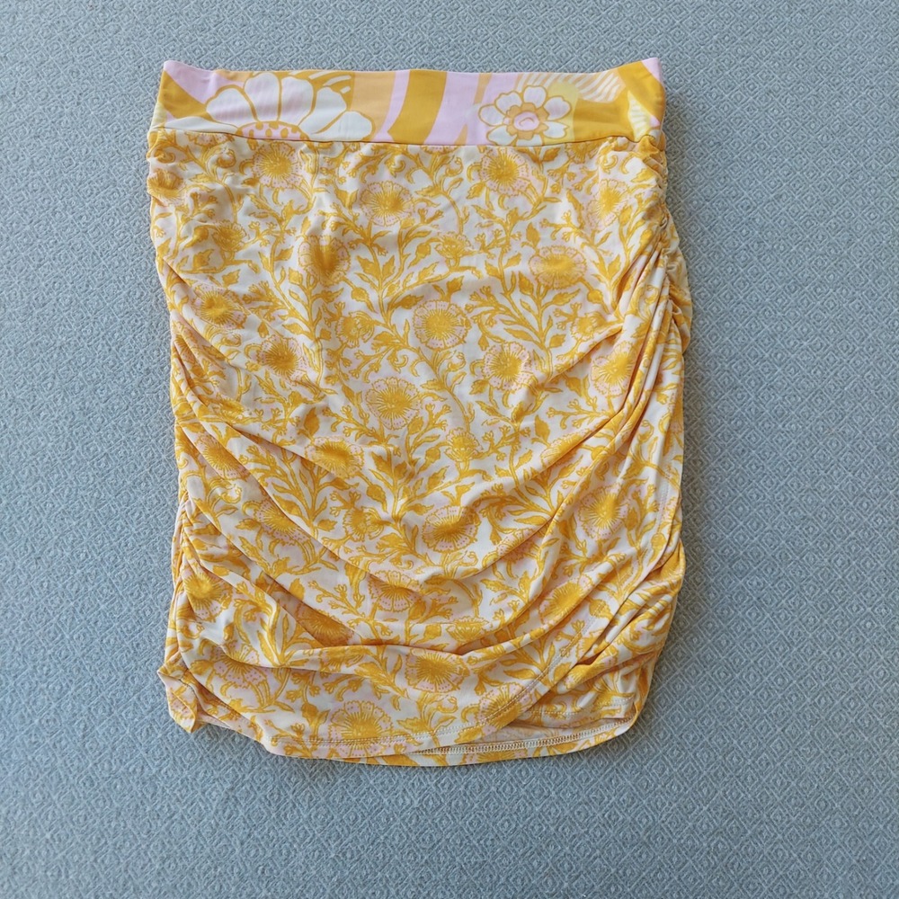 Free People Mini Skirt Womens Medium Yellow Floral Ruched Boho Summer Bodycon
